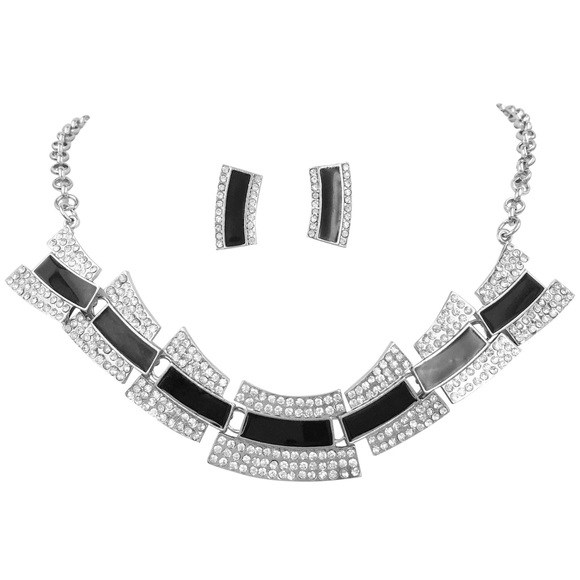 Funky Black Line Rhinestone Necklace Earrings Set - Picture 1 of 3